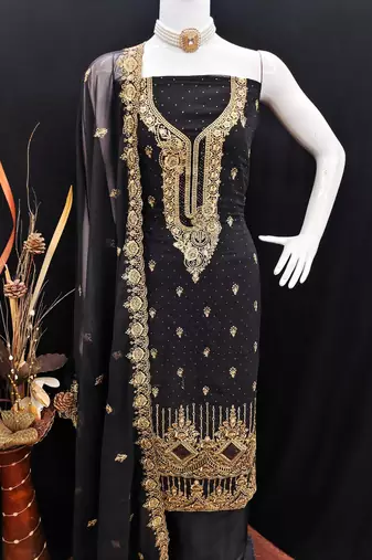 Black embroidered georgette churidar dress-materials