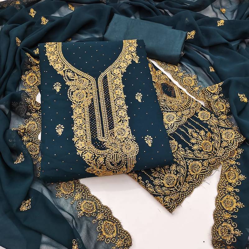 Blue embroidered georgette semi stitched churidar dress-materials