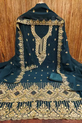 Blue embroidered georgette churidar dress-materials