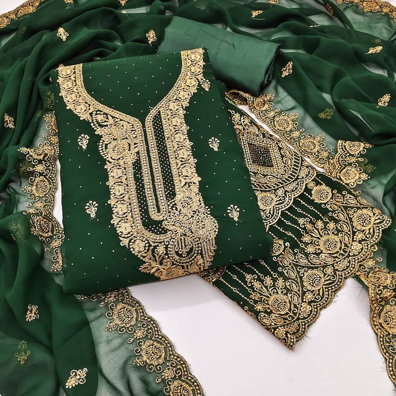 Green embroidered georgette semi stitched churidar dress-materials