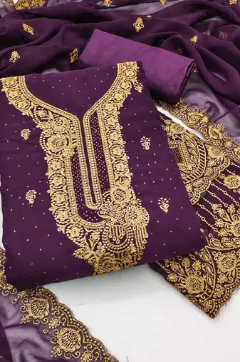 Lavender embroidered georgette semi stitched churidar dress-materials