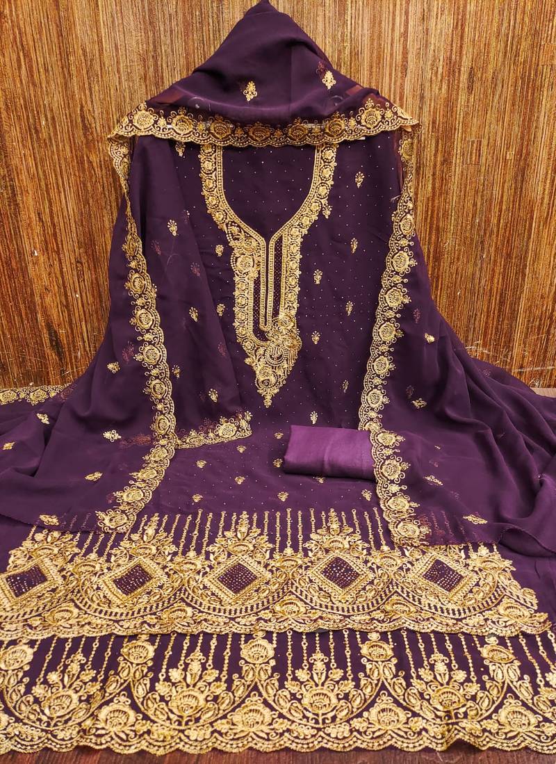 Lavender embroidered georgette semi stitched churidar dress-materials