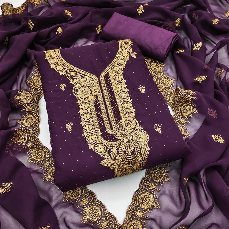 Lavender embroidered georgette semi stitched churidar dress-materials