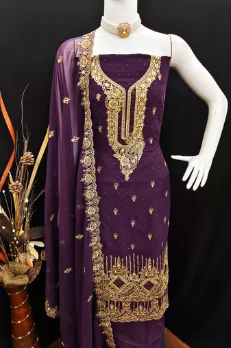 Lavender embroidered georgette churidar dress-materials