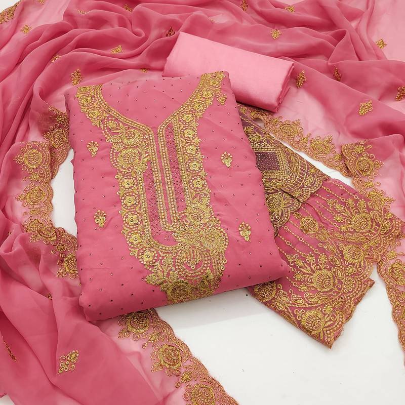 Pink embroidered georgette semi stitched churidar dress-materials