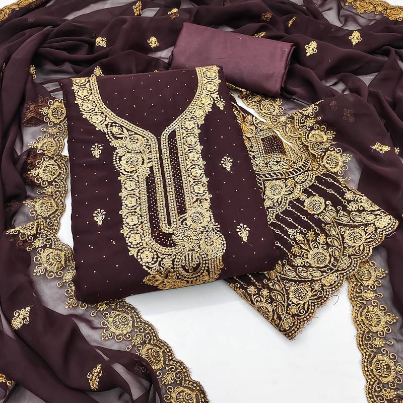 Purple embroidered georgette semi stitched churidar dress-materials