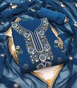 Blue embroidered georgette semi stitched churidar dress-materials