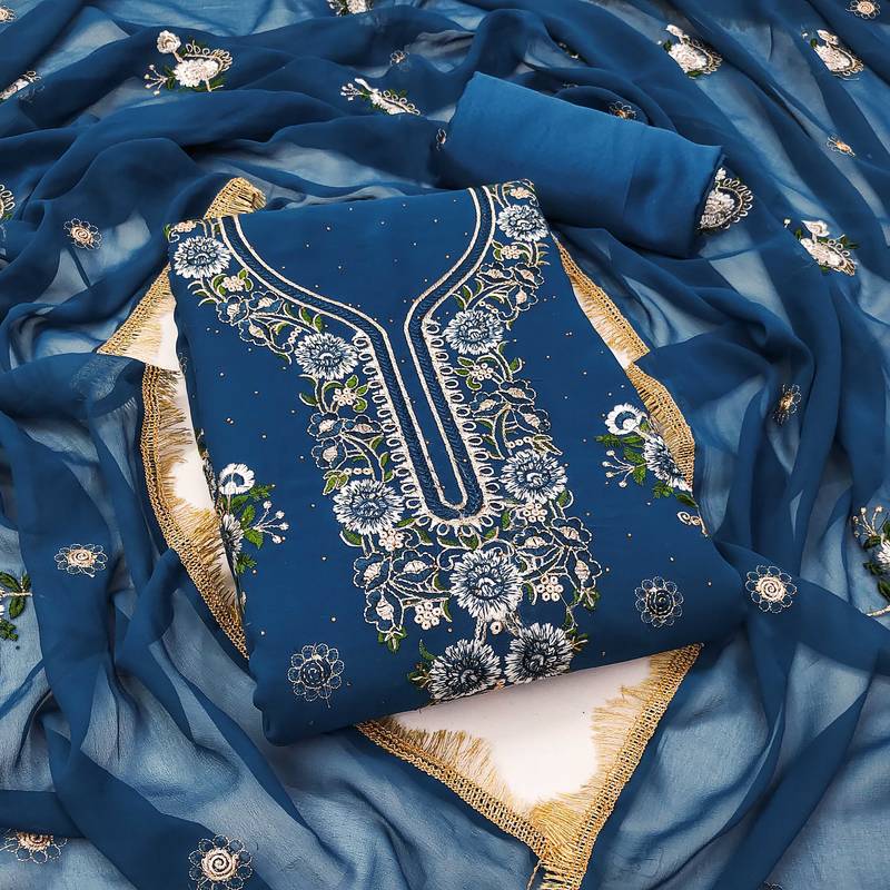Blue embroidered georgette semi stitched churidar dress-materials