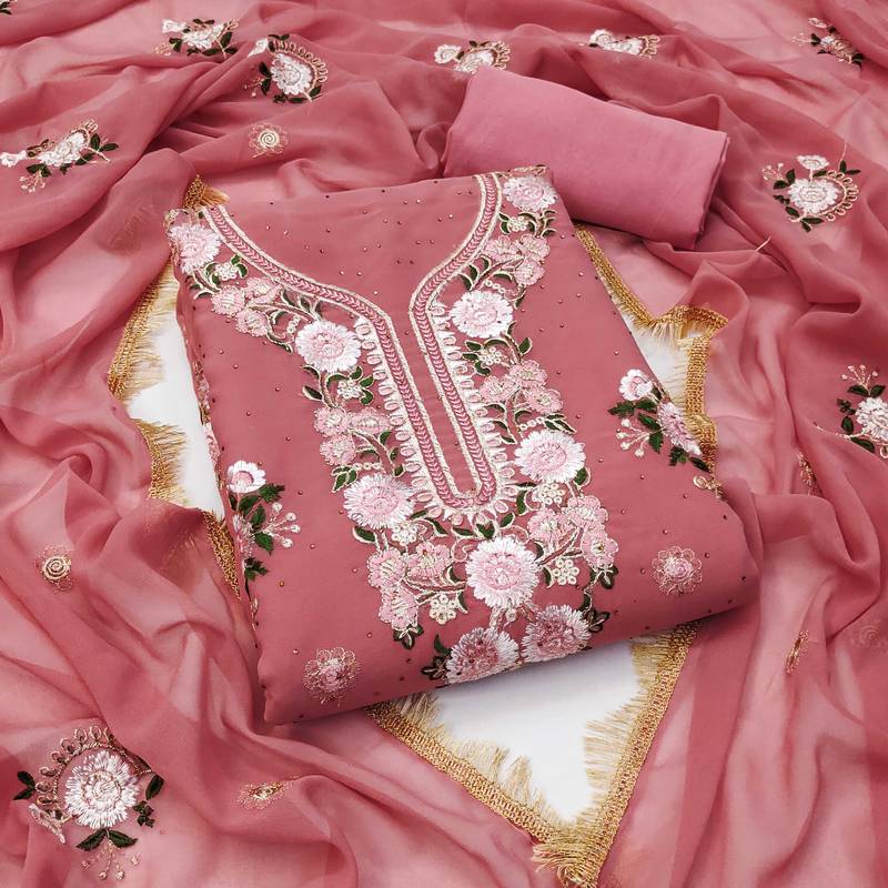 Pink embroidered georgette semi stitched churidar dress-materials
