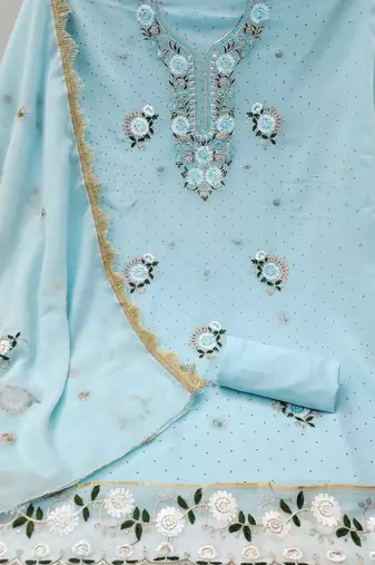 Sky-blue embroidered georgette churidar dress-materials