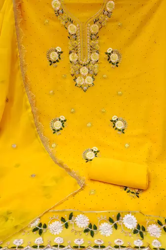 Yellow embroidered georgette churidar dress-materials