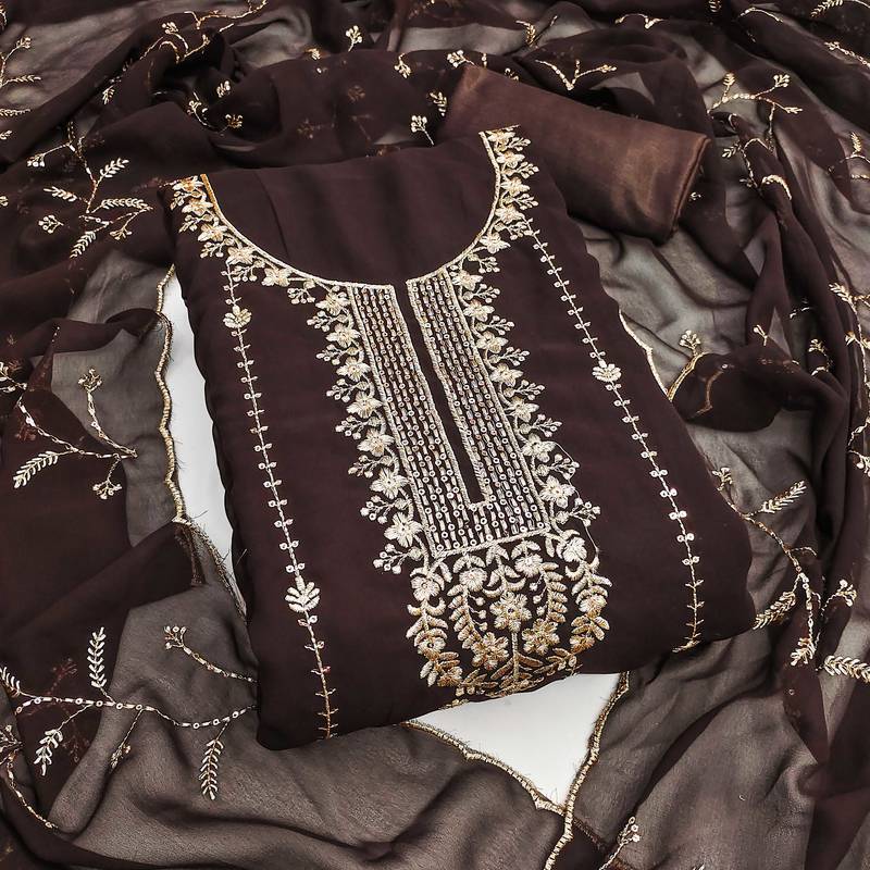 Brown sequins georgette semi stitched churidar dress-materials