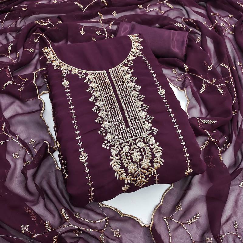 Purple sequins georgette semi stitched churidar dress-materials