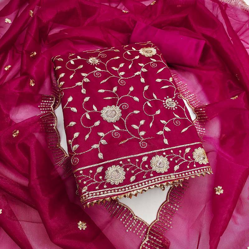 Magenta sequins net semi stitched churidar dress-materials