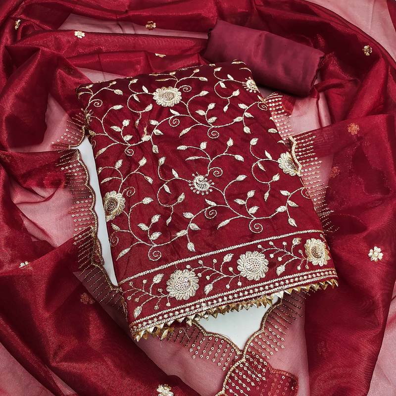 Maroon sequins net semi stitched churidar dress-materials