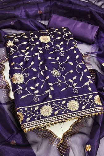 Royal-blue sequins net semi stitched churidar dress-materials