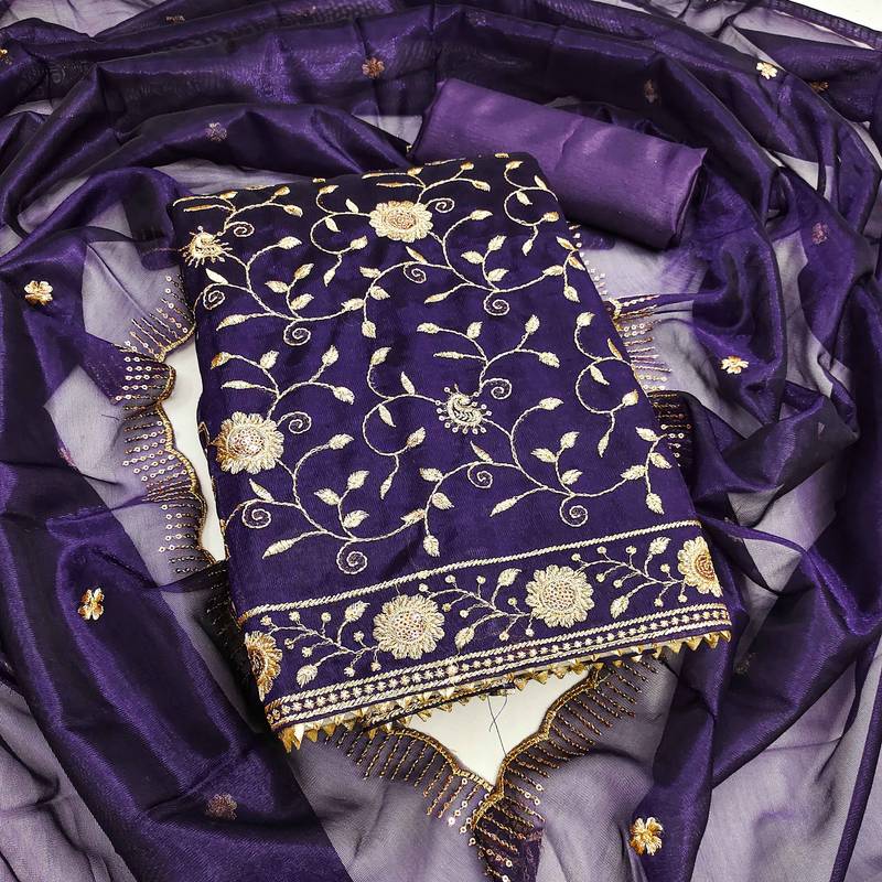 Royal-blue sequins net semi stitched churidar dress-materials