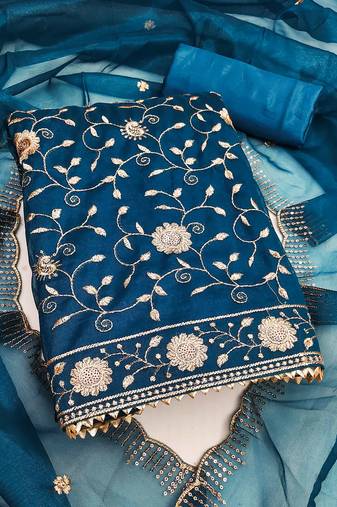 Teal-blue sequins net semi stitched churidar dress-materials