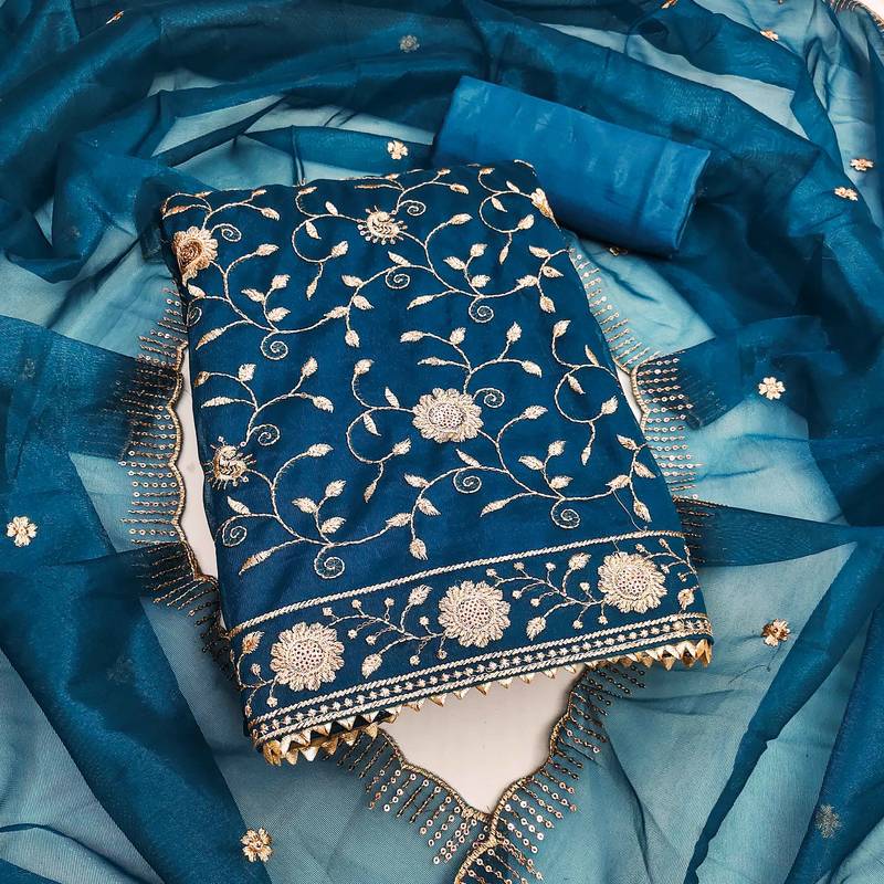 Teal-blue sequins net semi stitched churidar dress-materials