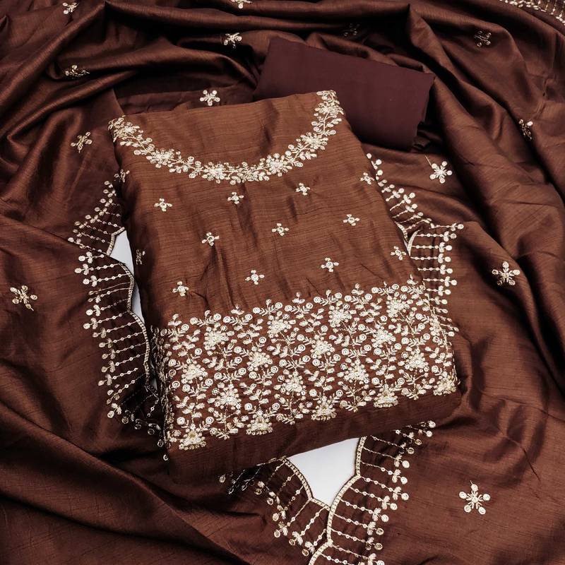 Brown sequins cotton semi stitched churidar dress-materials