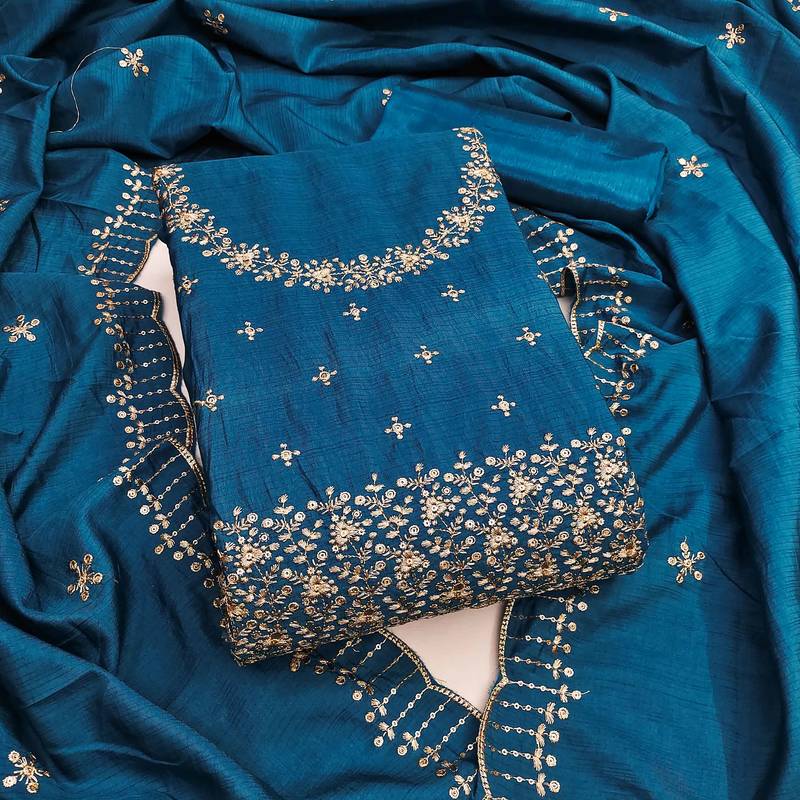 Teal-blue sequins cotton semi stitched churidar dress-materials