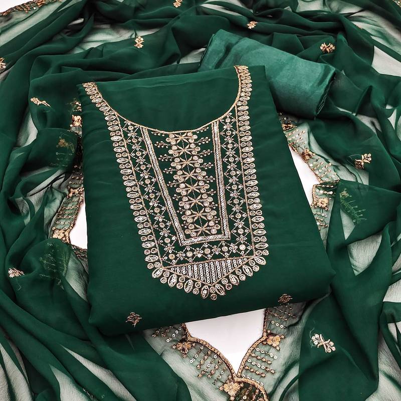 Green sequins georgette semi stitched churidar dress-materials