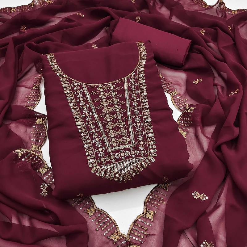 Maroon sequins georgette semi stitched churidar dress-materials