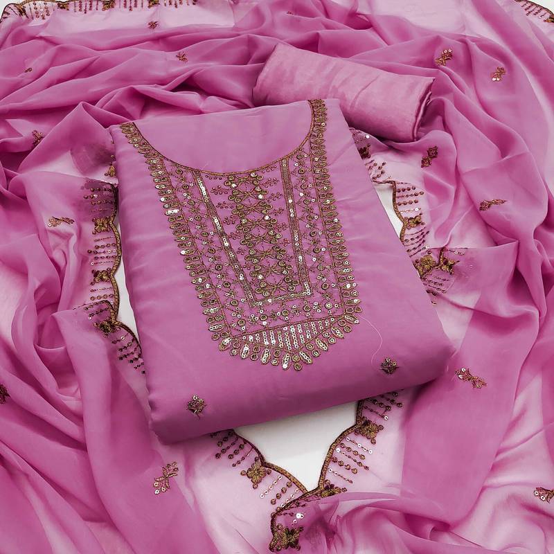Pink sequins georgette semi stitched churidar dress-materials