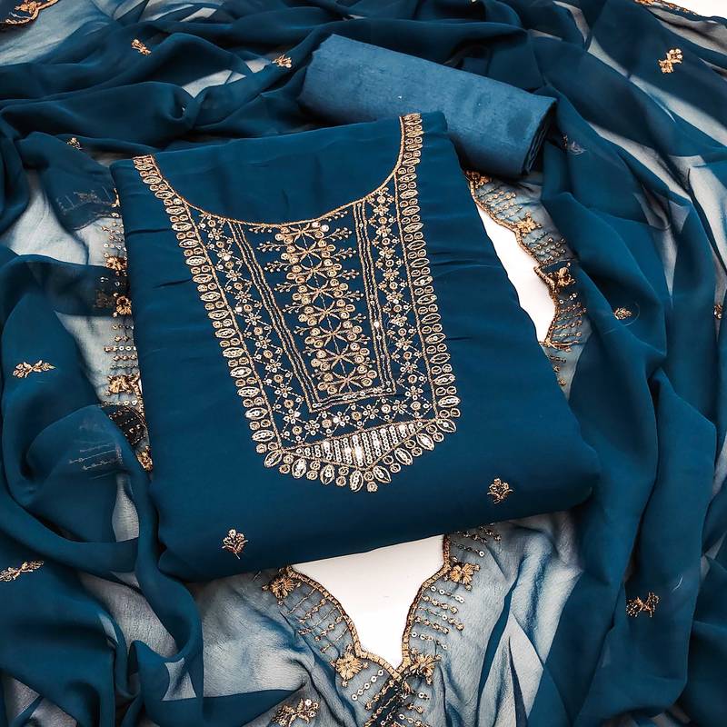 Teal-blue sequins georgette semi stitched churidar dress-materials