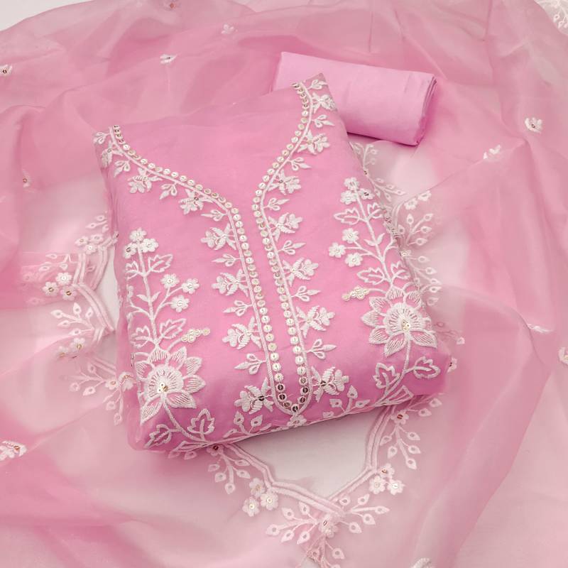 Baby-pink sequins organza semi stitched churidar dress-materials