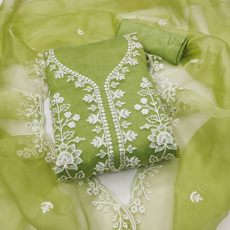 Light-green sequins organza semi stitched churidar dress-materials