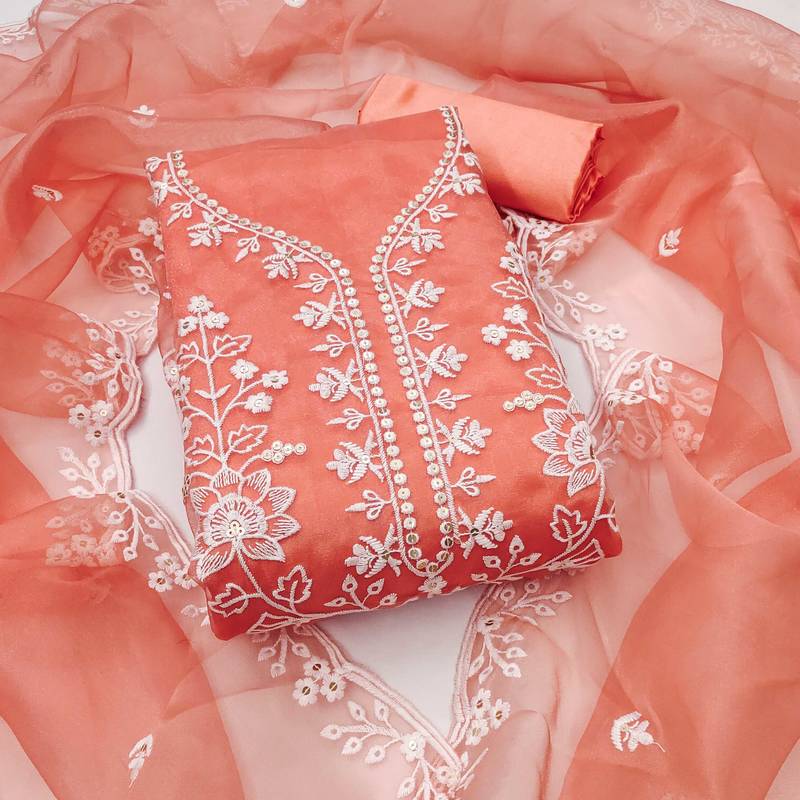 Peach sequins organza semi stitched churidar dress-materials
