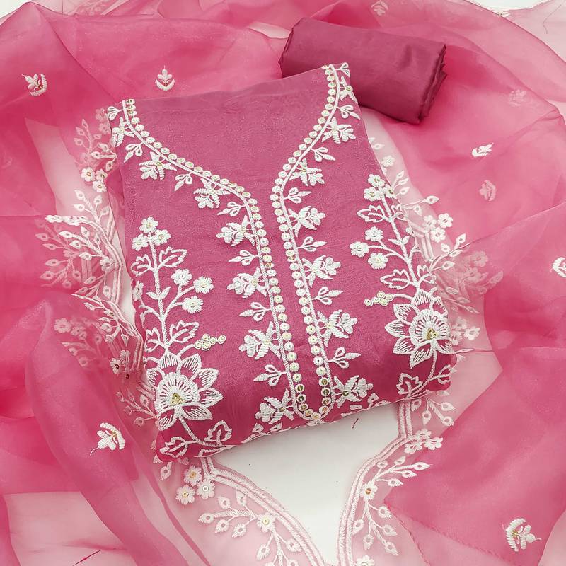 Pink sequins organza semi stitched churidar dress-materials