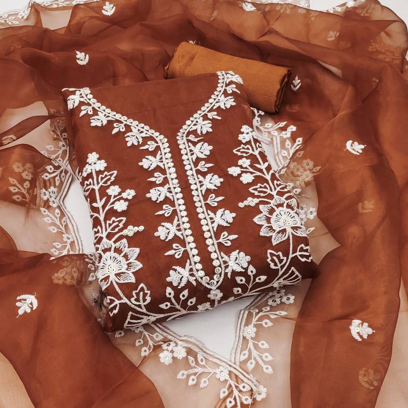 Orange sequins organza semi stitched churidar dress-materials