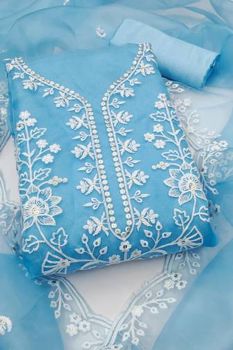 Sky-blue sequins organza semi stitched churidar dress-materials