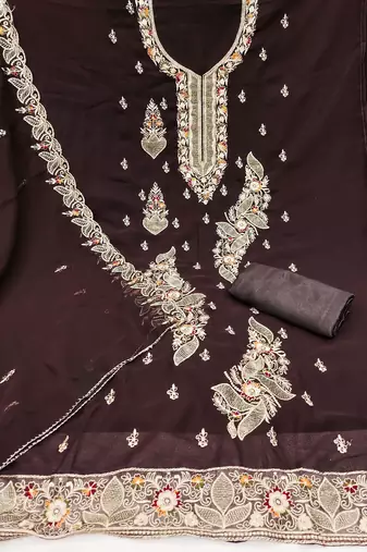 Brown embroidered georgette churidar dress-materials