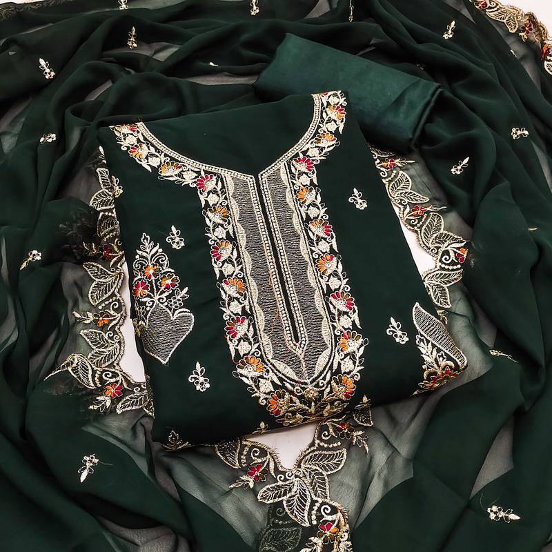 Green embroidered georgette semi stitched churidar dress-materials