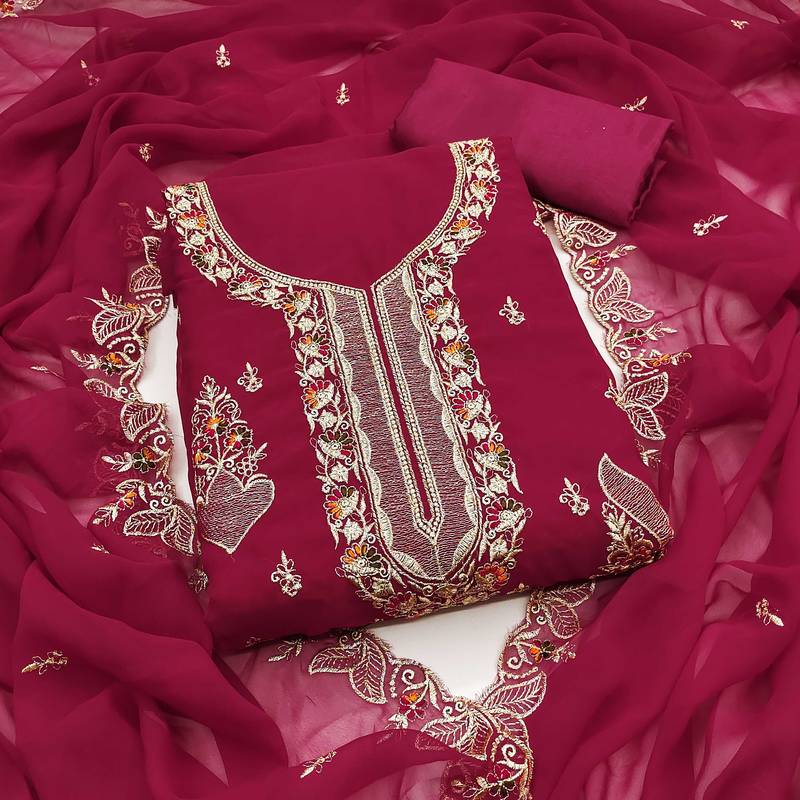 Magenta embroidered georgette semi stitched churidar dress-materials