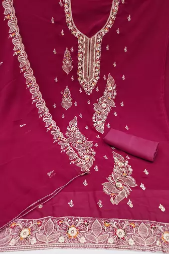 Magenta embroidered georgette churidar dress-materials