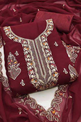 Maroon embroidered georgette semi stitched churidar dress-materials