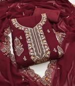 Maroon embroidered georgette semi stitched churidar dress-materials