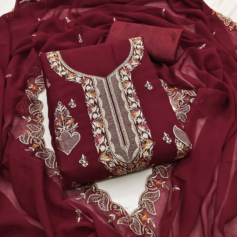 Maroon embroidered georgette semi stitched churidar dress-materials