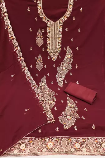 Maroon embroidered georgette churidar dress-materials