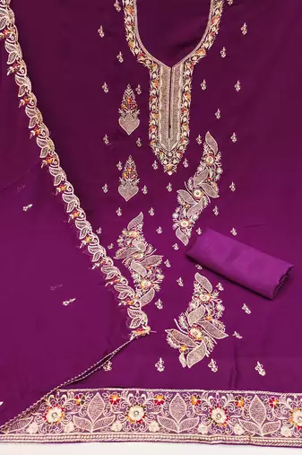 Purple embroidered georgette churidar dress-materials