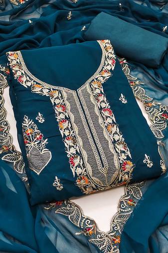 Teal-blue embroidered georgette semi stitched churidar dress-materials