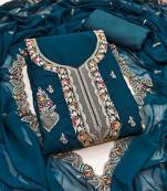 Teal-blue embroidered georgette semi stitched churidar dress-materials