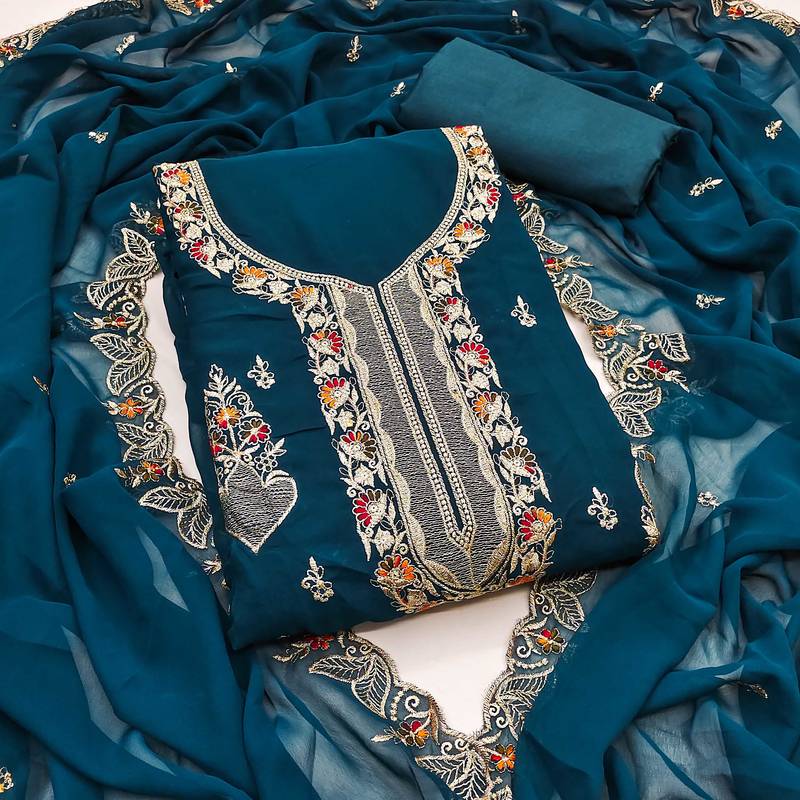 Teal-blue embroidered georgette semi stitched churidar dress-materials