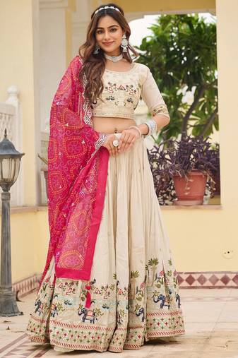 off white sequnis silk lehenga set choli with dupatta with pink dupatta