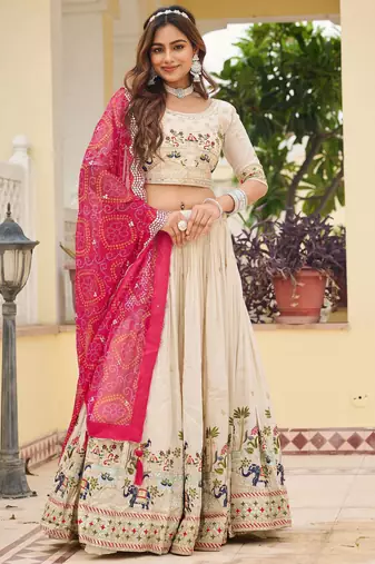 off white sequnis silk lehenga set choli with dupatta with pink dupatta