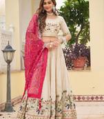 off white sequnis silk lehenga set choli with dupatta with pink dupatta